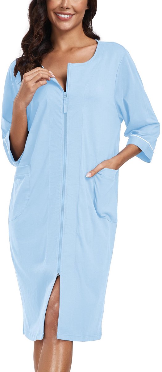 Dames Badjas - 100% Katoen - Lichtgewicht - Met 3/4 Mouwen - Ritssluiting en Zakken - Kort Model - Lichtblauw - Maat M