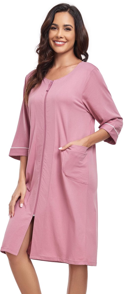 Dames Badjas - 100% Katoen Lichtgewicht - Kort Model met Ritssluiting, 3/4 Mouwen en Zakken - Roze Maat S