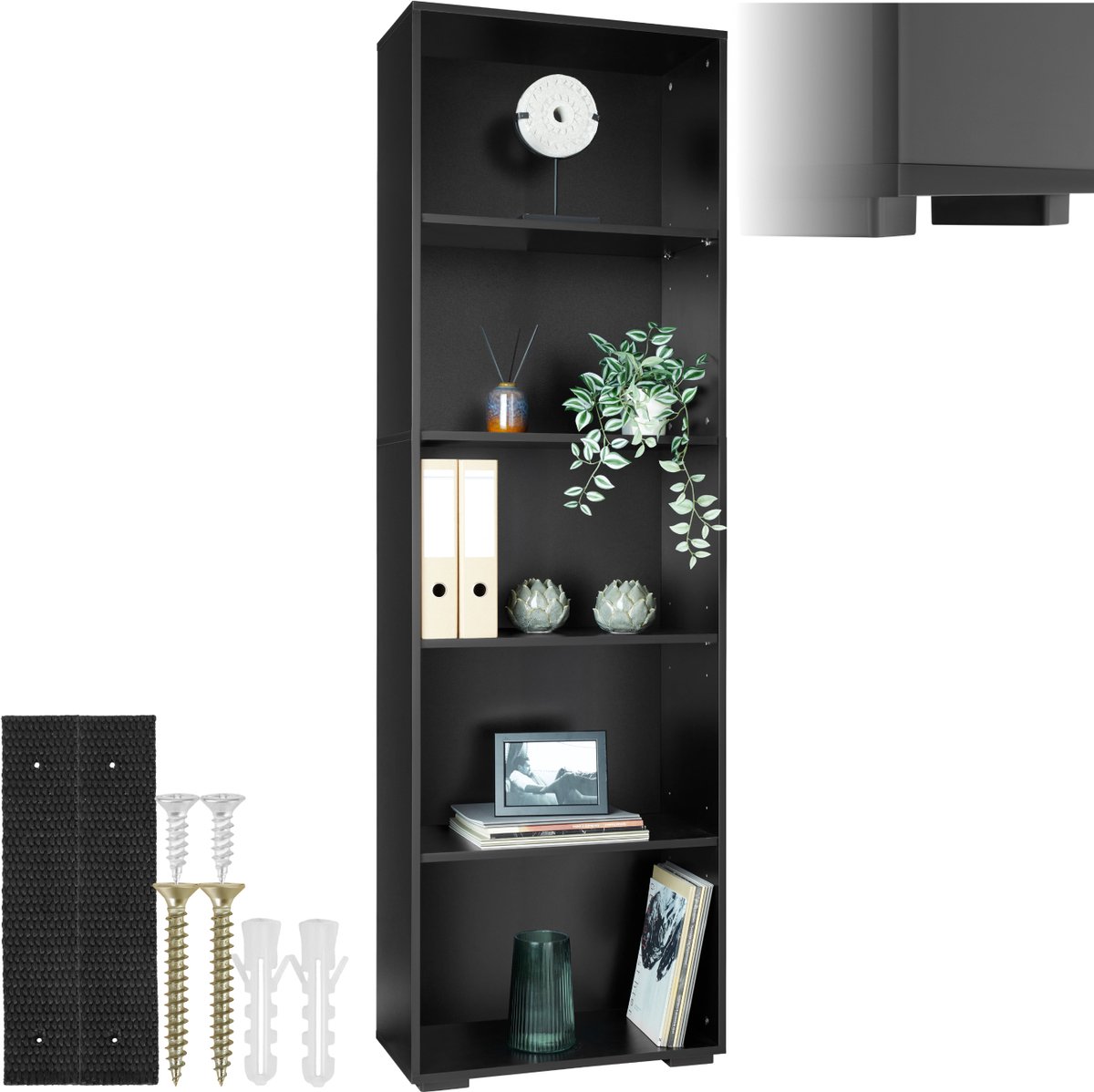 Tectake Houten boekenkast - Staande kast met 5 open vakken - Vloervriendelijke kunststof pootjes - Snelle en eenvoudige montage - Maximale belasting 10 kg per vak - Afmeting (HxBxD) 190 x 60 x 30 cm - Zwart