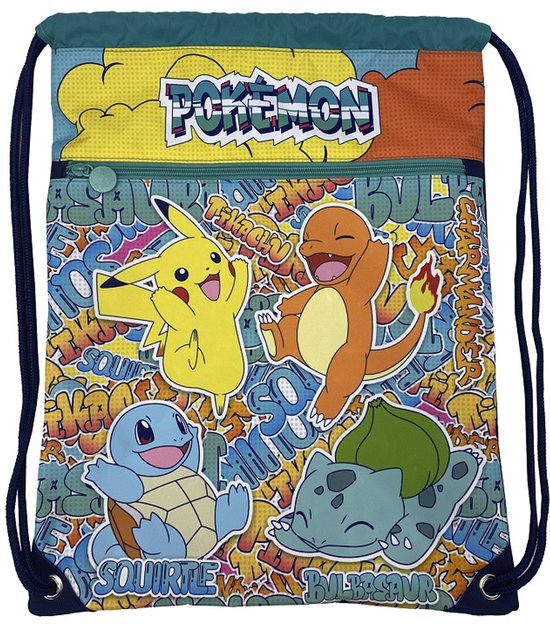 Gymtas met "Pokémon" tekst en opdruk van Pikachu, Charmander, Squirtle en Bulbasaur, met ritsvak en trekkoorden.