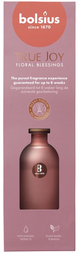 Bolsius True Joy geurstokjes. Bruine fles met het getal 8, die 'Floral Blessings' geur verspreidt tot 8 weken.