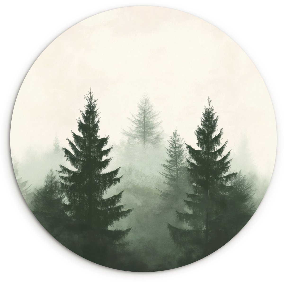 WallCircle Wandcirkel 150x150 cm - Muurcirkel Sparren - Bomen - Groen - Beige - Muurdecoratie woonkamer - Wanddecoratie slaapkamer - Kamer decoratie accessoires - Ronde schilderijen Bomen - Mist