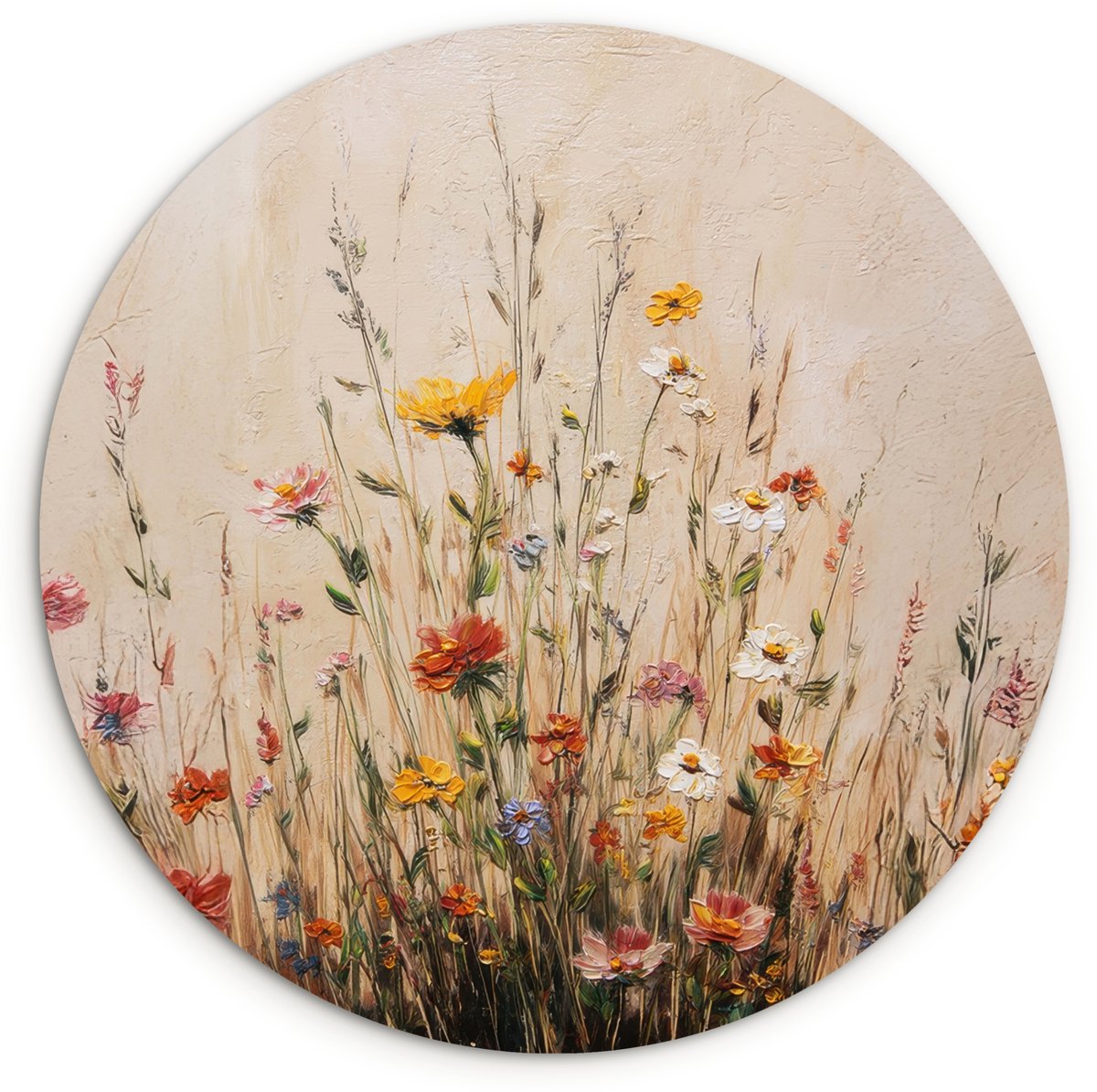 WallCircle Wandcirkel 140x140 cm - Muurcirkel Wilde bloemen - Penseelstreken - Rustgevend - Muurdecoratie woonkamer - Wanddecoratie slaapkamer - Kamer decoratie accessoires - Ronde schilderijen