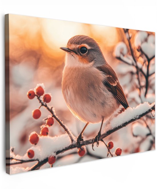 Tuinschilderij voor buiten 70x50 cm - Tuindecoratie Vogel - Tak - Winter - Dieren - Sneeuw - Tuinposter op canvas - Tuin muurdecoratie - Buitenschilderij decoratie - Schutting wanddecoratie - Buitencanvas
