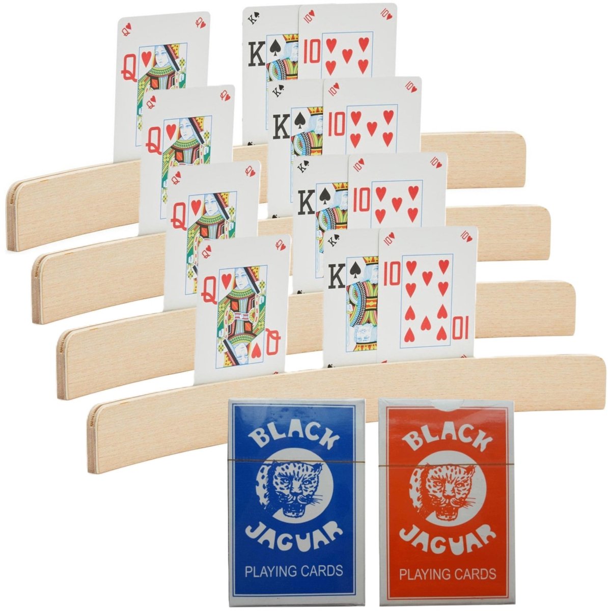 Engelhart Speelkaarten houders - 4x stuks - van hout - 35 cm - met een setje speelkaarten - kaartspellen