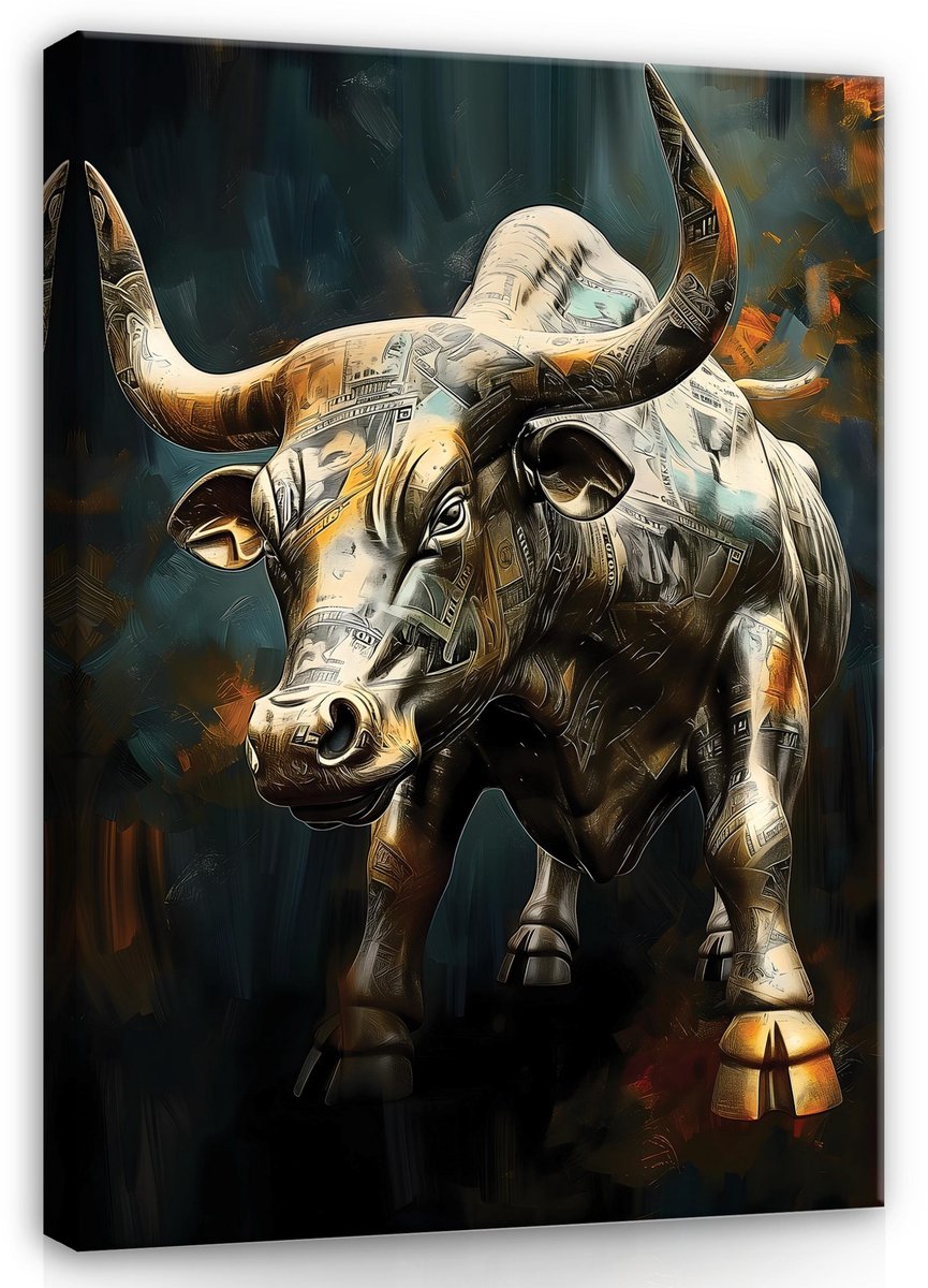 WALLARENA Canvas schilderij - 60x40 cm - motiverende afbeelding van geld en een stier voor de slaapkamer of woonkamer multikleurig