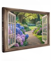Tuinschilderij voor buiten 120x80 cm - Tuindecoratie Doorkijk - Tuin - Raam - Hortensia - Bloemen - Tuinposter op canvas - Tuin muurdecoratie - Buitenschilderij decoratie - Schutting wanddecoratie - Buitencanvas