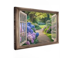 Tuinschilderij voor buiten 120x80 cm - Tuindecoratie Doorkijk - Tuin - Raam - Hortensia - Bloemen - Tuinposter op canvas - Tuin muurdecoratie - Buitenschilderij decoratie - Schutting wanddecoratie - Buitencanvas