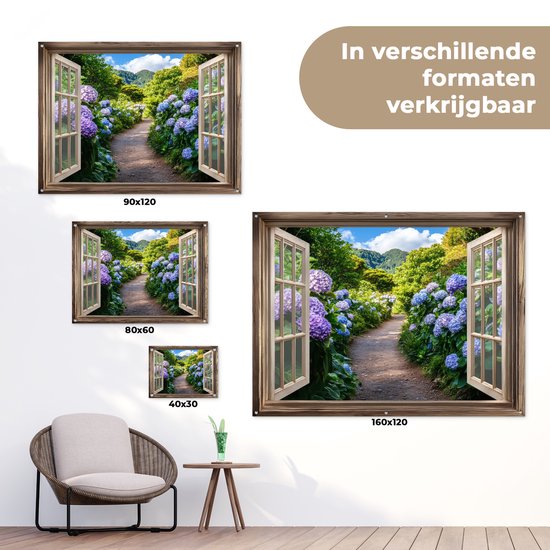 Affiche de jardin 80x60 cm - Décoration de jardin Vue - Hortensia - Chemin - Nature - Affiche pour le jardin - Décoration extérieure - Tableau de jardin clôture - Décoration murale sur toile de jardin - Décoration murale sur toile de balcon