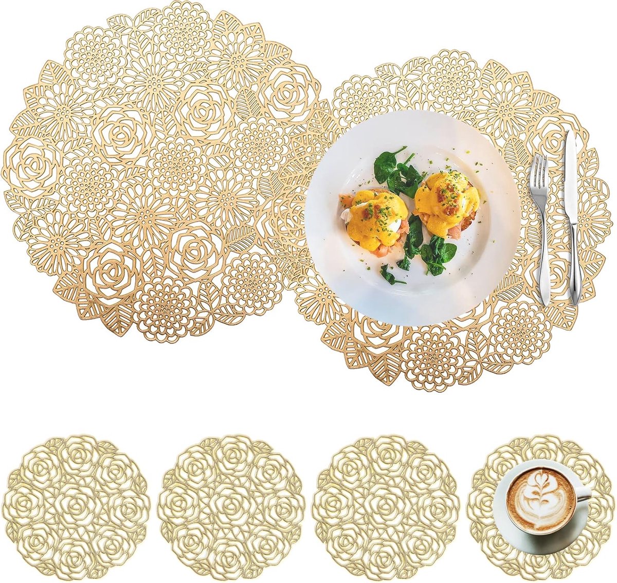 Image of 2 Stuks Ronde Placemats en 4 Stuks Ronde Coasters - Antislip Tafel Placemat - Roze Gouden Ronde Placemat - Geschikt voor Eettafel - Keuken - Bruiloften en Feestdecoratie (Goud)