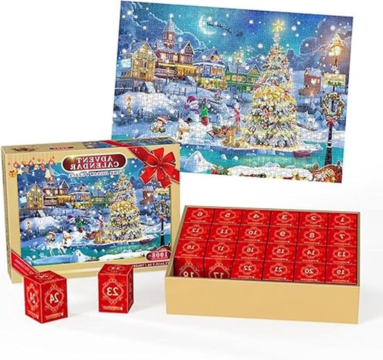 Allecto plus - Adventskalender 2025 Puzzel Legpuzzel Aftelkalender 24 Dagen Kerst 1008 Stukjes Spel voor Jongens en Meisjes Kerstdecoratie Thuis