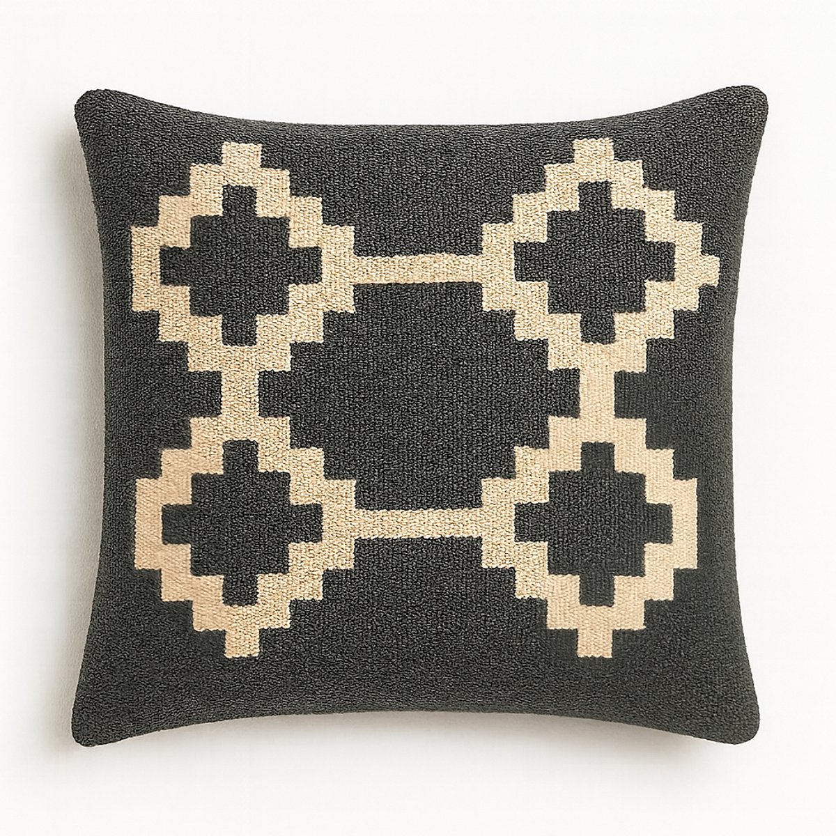 Handgemaakte Egyptische Wollen Kussenhoes 40×40 cm – “Senon” Diamantpatroon – Grijs & Crème – Met Rits – Exclusief Binnenkussen