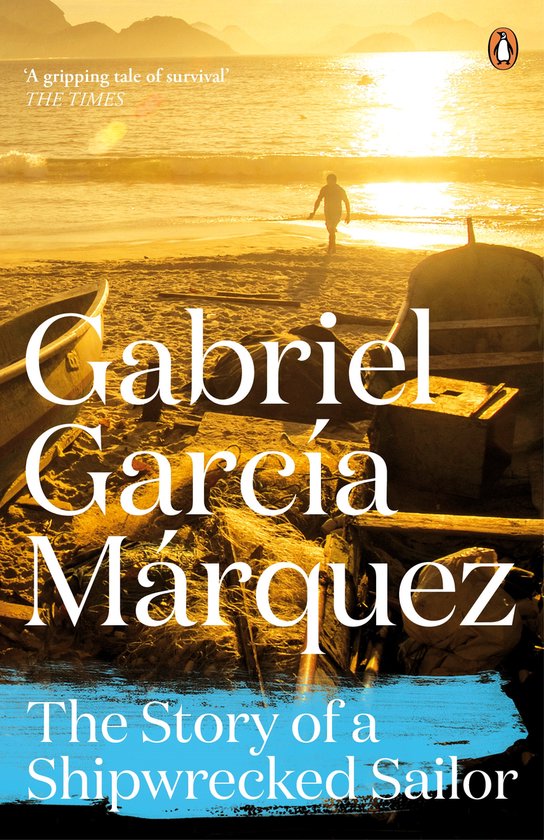 Boekkaft met zonsondergang op het strand, met de titel 'Gabriel García Márquez The Story of a Shipwrecked Sailor'. Een figuur rent naar de zee.