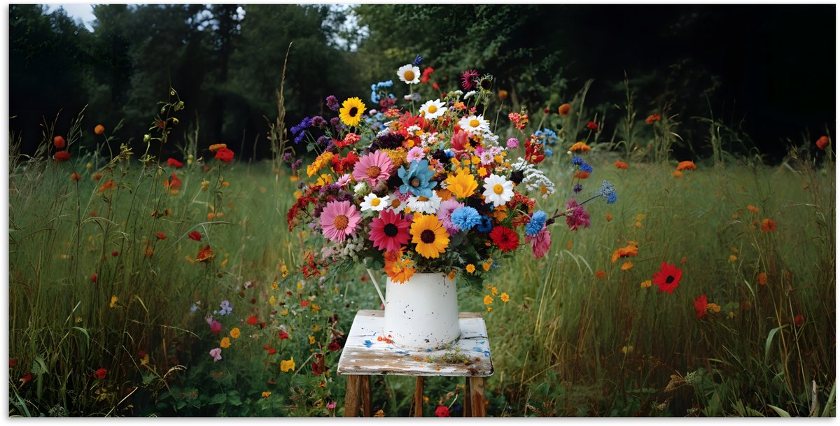Poster 120x60 cm - Bloemen - Krukje - Gieter - Veld - Posters - Kamer decoratie - Wanddeco
