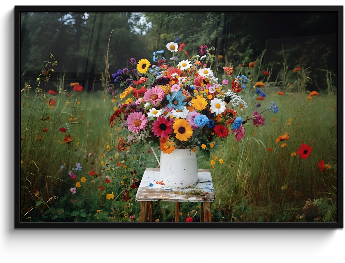 Poster in lijst - Fotolijst 120x80 cm - Posters - Bloemen - Krukje - Gieter - Veld - Poste