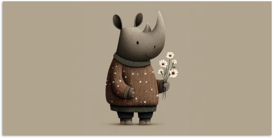 Illustratie van een schattige neushoorn in een bruine gebreide trui die witte bloemen vasthoudt.