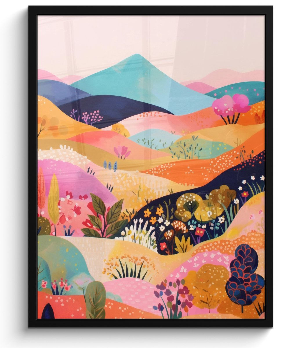FrameYourWall Poster in lijst - Fotolijst 60x80 cm - Posters - Golvende heuvels - Abstracte planten - Dromerig - Posterlijst zwart - Decoratie - Wanddecoratie woonkamer - Muurdecoratie slaapkamer Heuvels - Kleurrijk