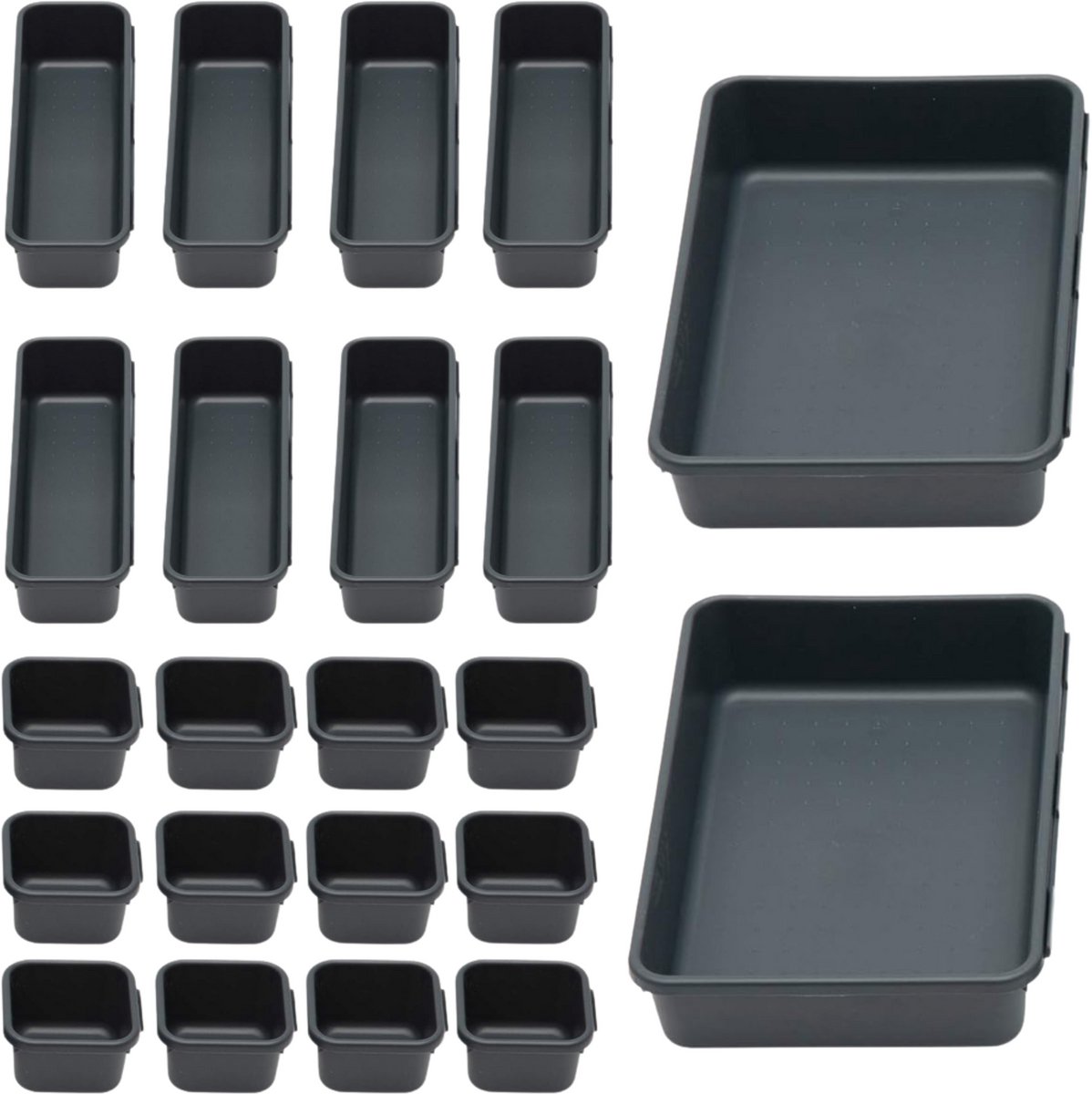 JustValue Lade Organizer Set - 22-Delig - Opbergbakjes - Lade Bakjes - Make Up Organizer - Antislip en Stapelbaar - Kunststof Lade Verdelers - Keuken - Bureau - Badkamer - Zwart