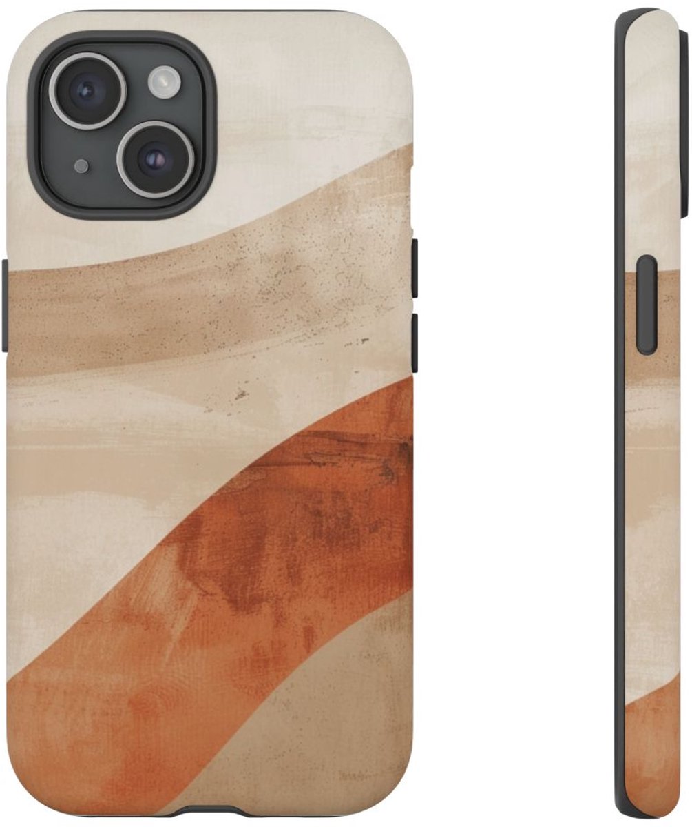 Abstracte Gebogen Terracotta- en Beigevormen – Telefoonhoesje Geschikt voor iPhone 15
