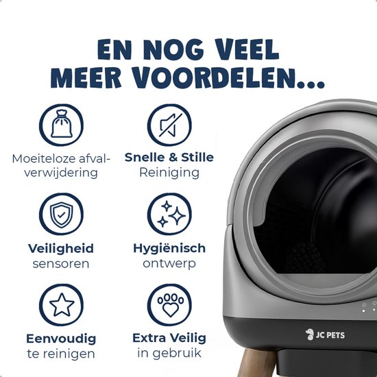JC Pets Zelfreinigende Kattenbak XXL: Veilige sensoren, hygiënisch ontwerp, snelle reiniging.