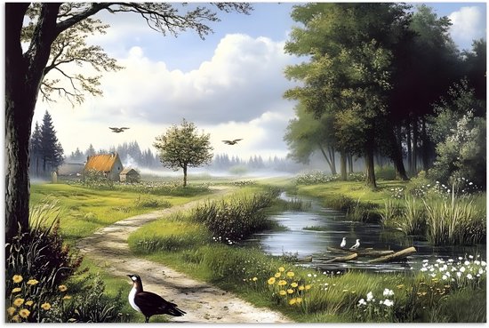 Poster 90x60 cm - Zandpad - Groen landschap - Water - Posters - Kamer decoratie - Wanddecoratie woonkamer - Muurdecoratie slaapkamer