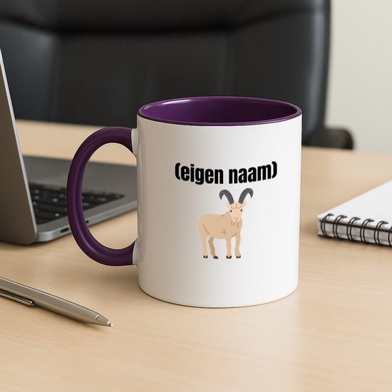 Hacebo® - Geit met hoorn met eigen naam koffiebeker paars - Geit - geiten liefhebbers - thee mok - koffie beker - met eigen naam - dieren liefhebber - leuk cadeau voor iemand die houdt van geiten - cadeau - kado - koffiemok - 350 ML inhoud