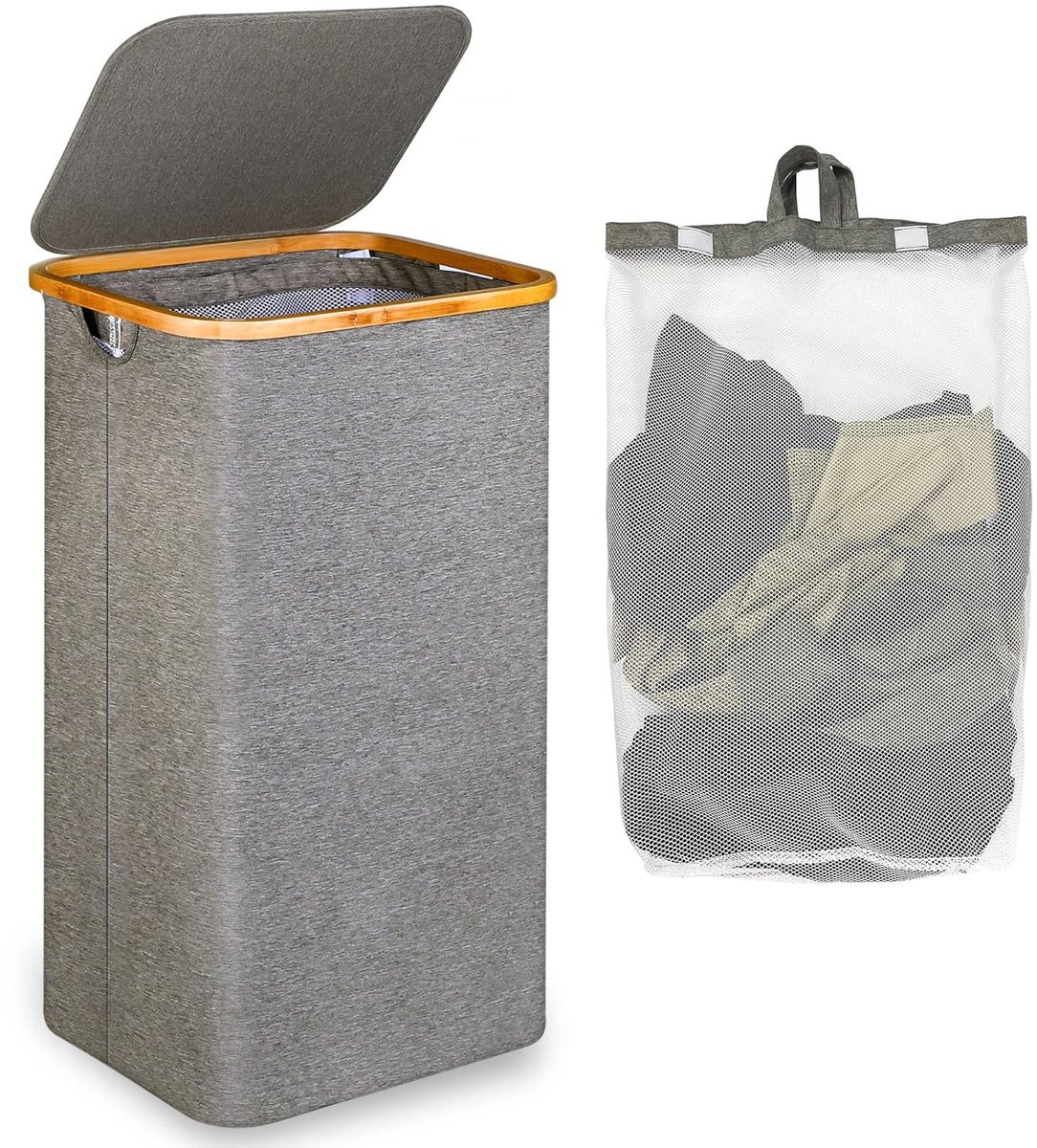 Grote wasmand met deksel - 100 liter - opvouwbaar - grijs