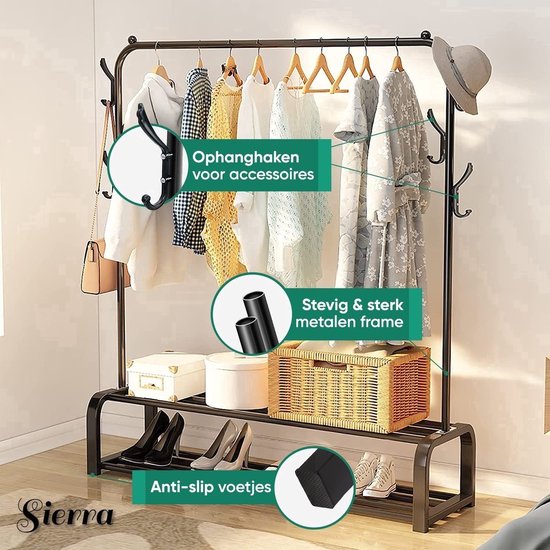Sierra Industrieel Kledingrek Enkele Stang - Metaal - 110x33x155 CM - Zwart - Opbergruimte Voor Schoenen - Garderoberek Met Haken