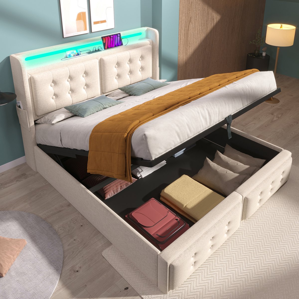 HAUSS SPOLE Gestoffeerd Bed 160x200 cm - Boxspring Met LED En USB - Bed Met Opbergruimte - Voor Tieners - Katoen - Beige (geen matras)