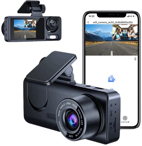 1080P Dashcam met wifi voor auto's, 3-kanaals dashcam voor en achter, 2,0 inch IPS-scherm, loop-opname, G-sensor, WDR, 24-uurs parkeermodus, bewegingsdetectie