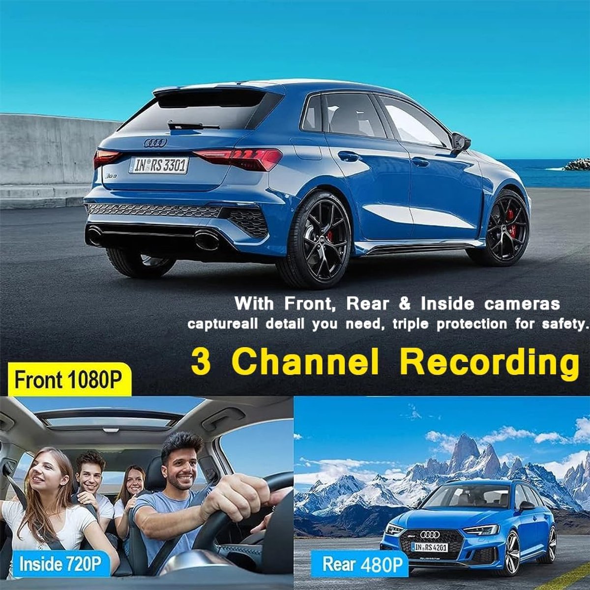 1080P Dashcam met wifi voor auto's, 3-kanaals dashcam voor en achter, 2,0 inch IPS-scherm, loop-opname, G-sensor, WDR, 24-uurs parkeermodus, bewegingsdetectie – foto 5