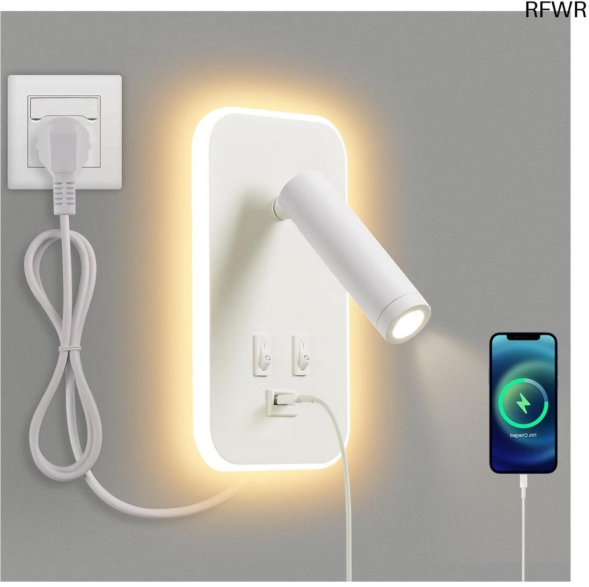 RFWR® LED Wandlamp met USB Oplaadpoort en Verstelbare Spotverlichting voor Slaapkamer en Leesruimte