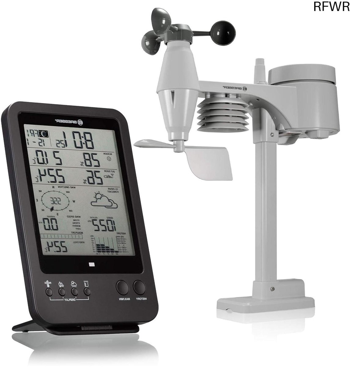 RFWR® Draadloos Weerstation 5-in-1 met Buitensensor voor Temperatuur, Luchtvochtigheid, Windsnelheid en Neerslag - 5,5 Inch Display