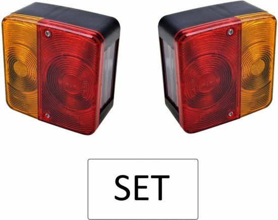 Set van twee vierkante achterlichten, rood en oranje, met zwarte behuizing.