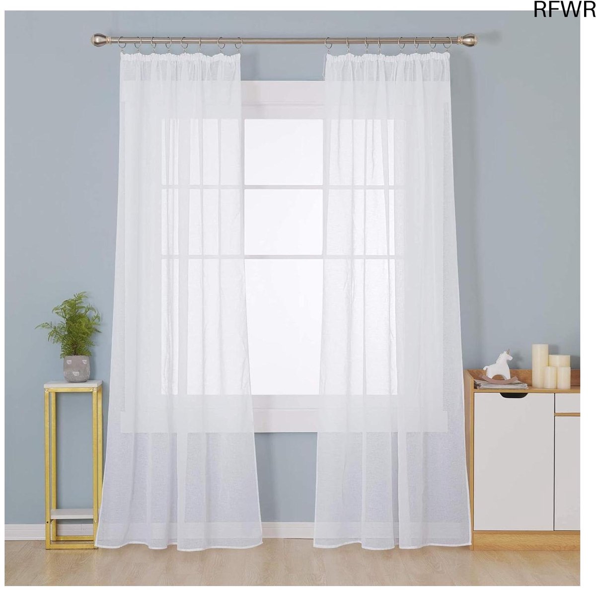 RFWR Set van 2 transparante gordijnen met plooiband voor woonkamer en slaapkamer - 175 x 140 cm - wit