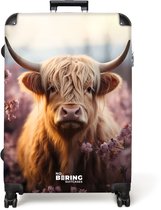 NoBoringSuitcases.com® - Grande valise - Valise légère - Vache des Highlands écossaise à fleurs roses - Valise à 4 roues - Grand trolley XL - 98 litres de bagages
