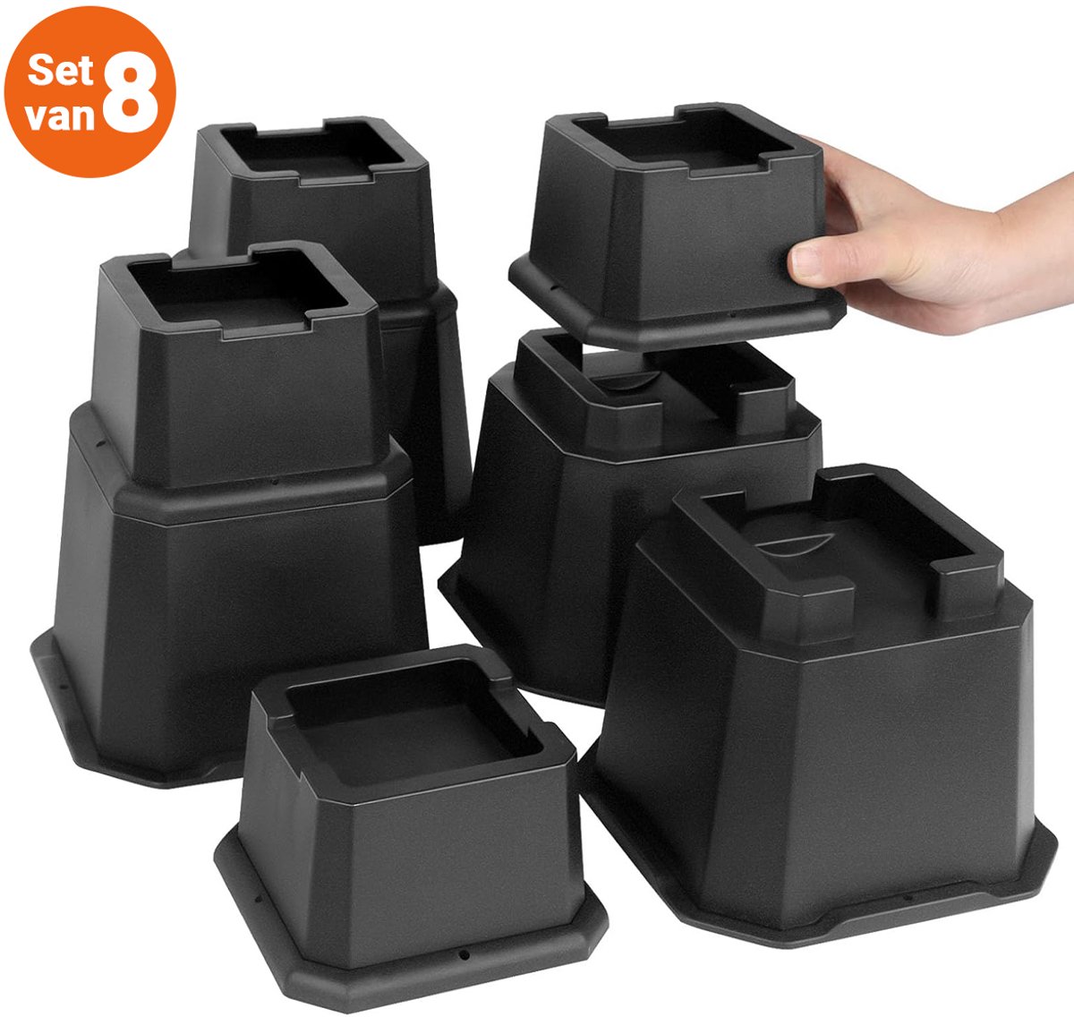 JustValue Verstelbare Meubelverhoger Set - Geschikt Voor Wielen - Bedverhogers - Tafelverhogers - 5 cm - 10.1 cm - 15.2 cm - Tot 2721 kg - Antislip - Stapelbaar - Bed - Bank - Kast - Tafel - Zwart