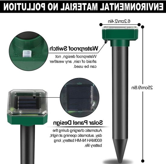 Allecto Plus - Mollenverjager op zonne-energie 4 stuks - Waterdicht en ultrasoon - Effectieve mollenverjager voor de tuin - Milieuvriendelijke mollenbestrijding - IP65 Beoordeeld