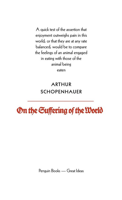 Titelpagina van "On the Suffering of the World" door Arthur Schopenhauer, Penguin Books - Great Ideas.