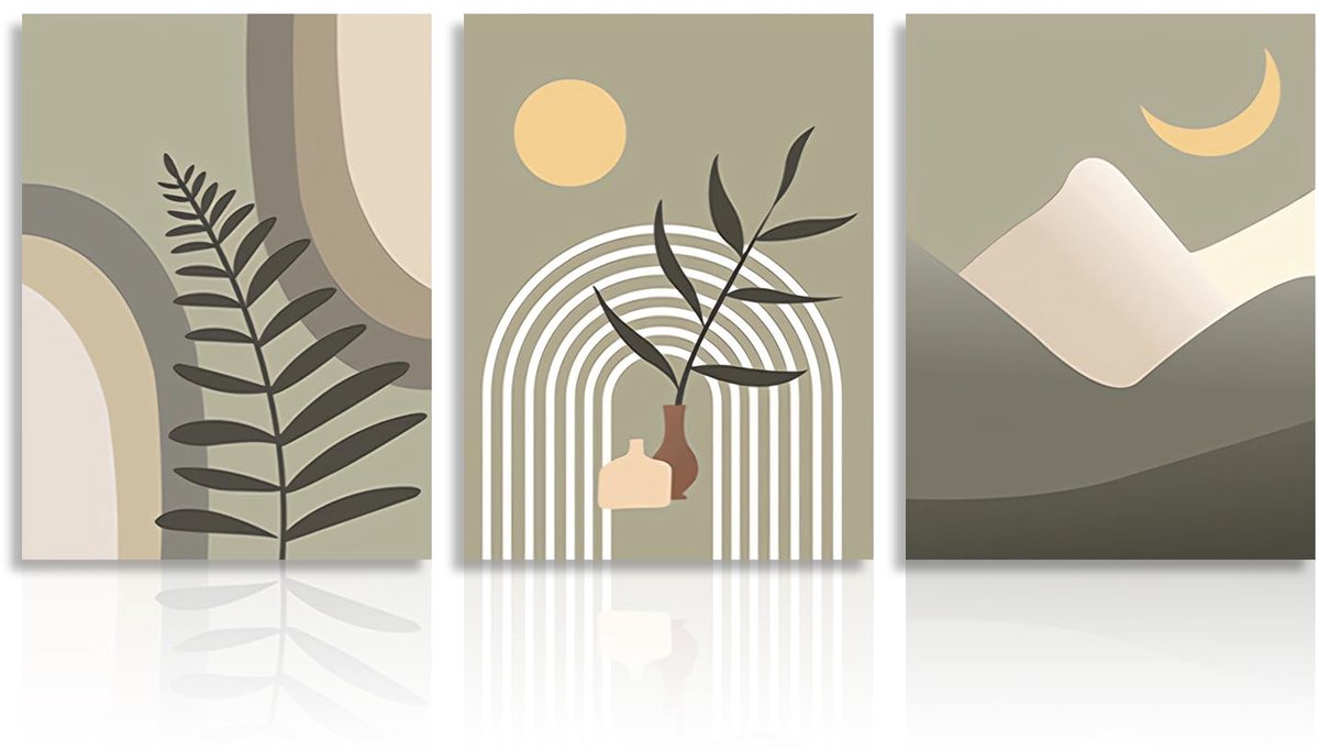 Ibenzoa Abstracte Boho Wanddecoratie Set van 3: Zon, Maan en Salie Geometrisch Canvas groen