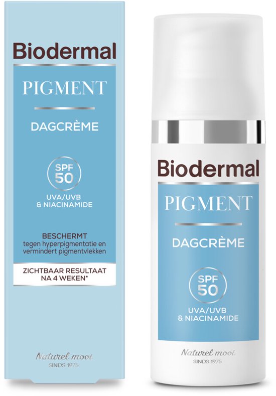 Verpakking en fles Biodermal Pigment Dagcrème met SPF 50.