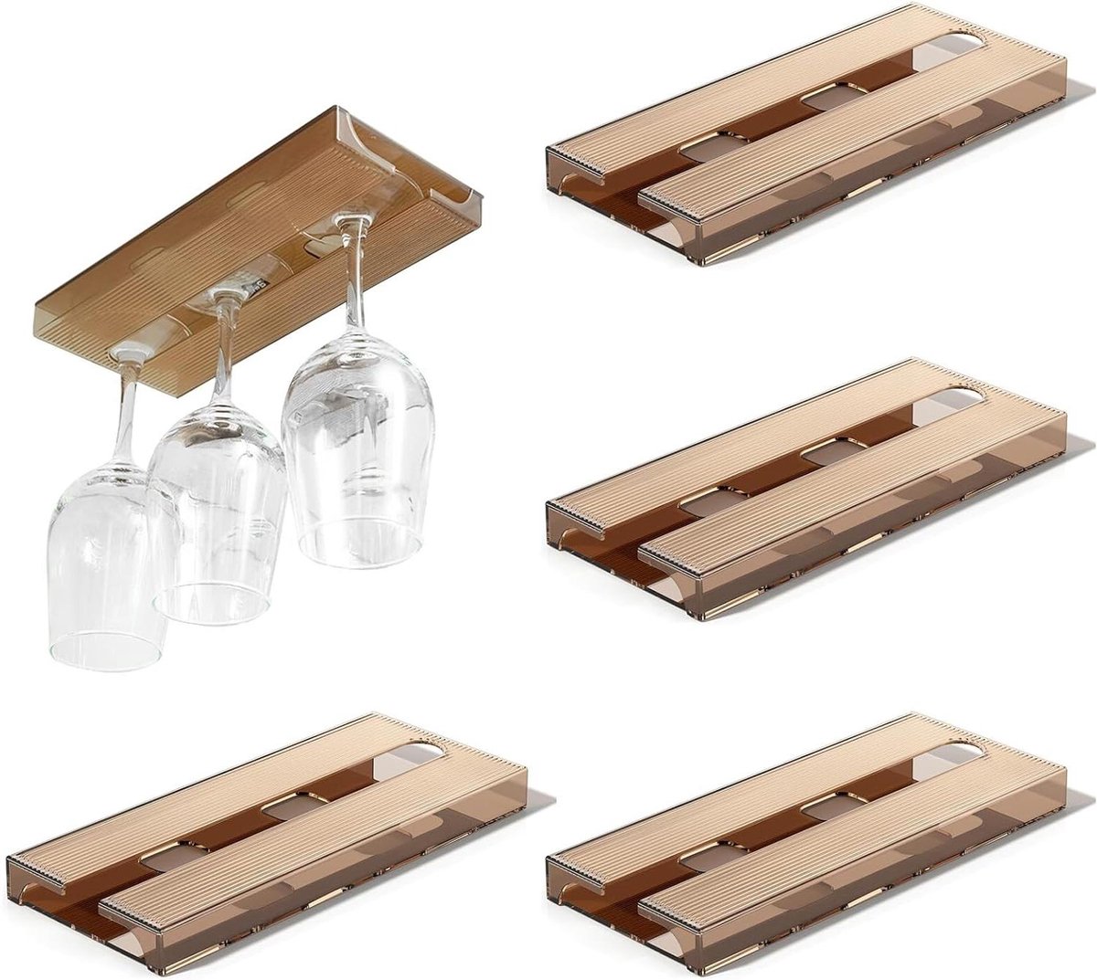 Allecto Plus - Wijnglasonderkast met 4 hangende glazenhouders - Hangende wijnglashouder voor hoge bekers - Geen boren nodig - Sterk draagvermogen - Bruin - Ruimtebesparend ontwerp