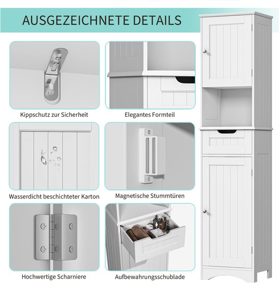 Xbro Badkamerkast met 2 Deuren en 1 Lade – Hoge Opbergkast met Verstelbare Planken – Smalle Kast voor Badkamer, Keuken of Slaapkamer – 170 x 40 x 30 cm – Wit