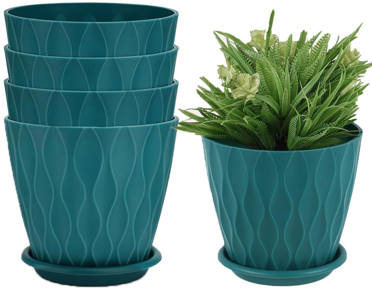 Kunststof plantenpotten met drainage - moderne bloempotten - 5 stuks - blauw - 15 cm