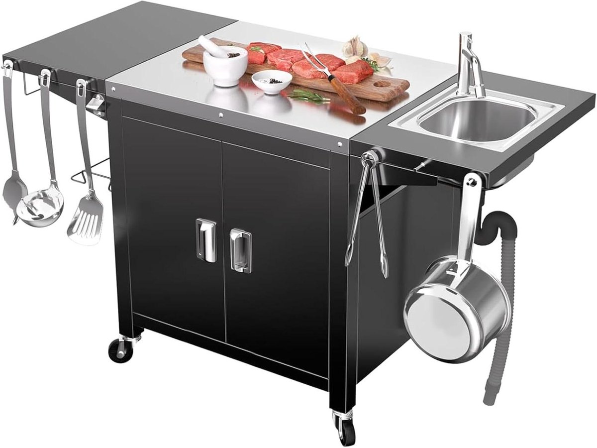 Allecto Plus - Mobiele outdoor keukenwagen met grill en pizzaoventafel - Roestvrijstalen wielen - Keukeneiland met opbergkast - Serveerwagen - Eettafelwagen - 154 x 63 x 89 cm - Ideaal voor buiten koken en grillen