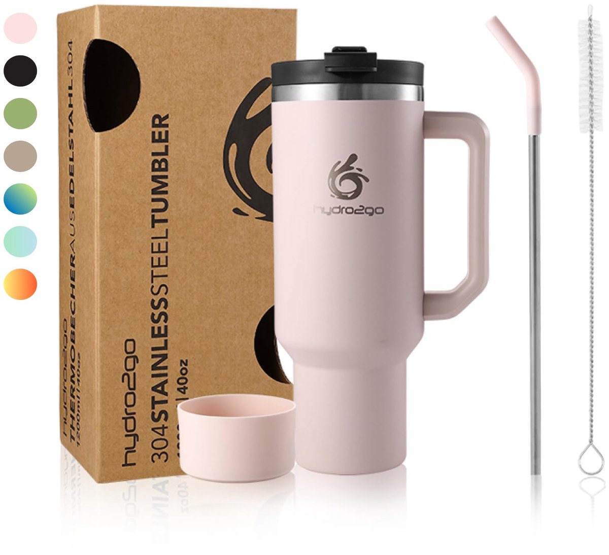 Hydro2go RVS Thermosbeker 1200 ml – 10u warm / 12u koud – met handvat & rietje – 100% lekvrij – Roza