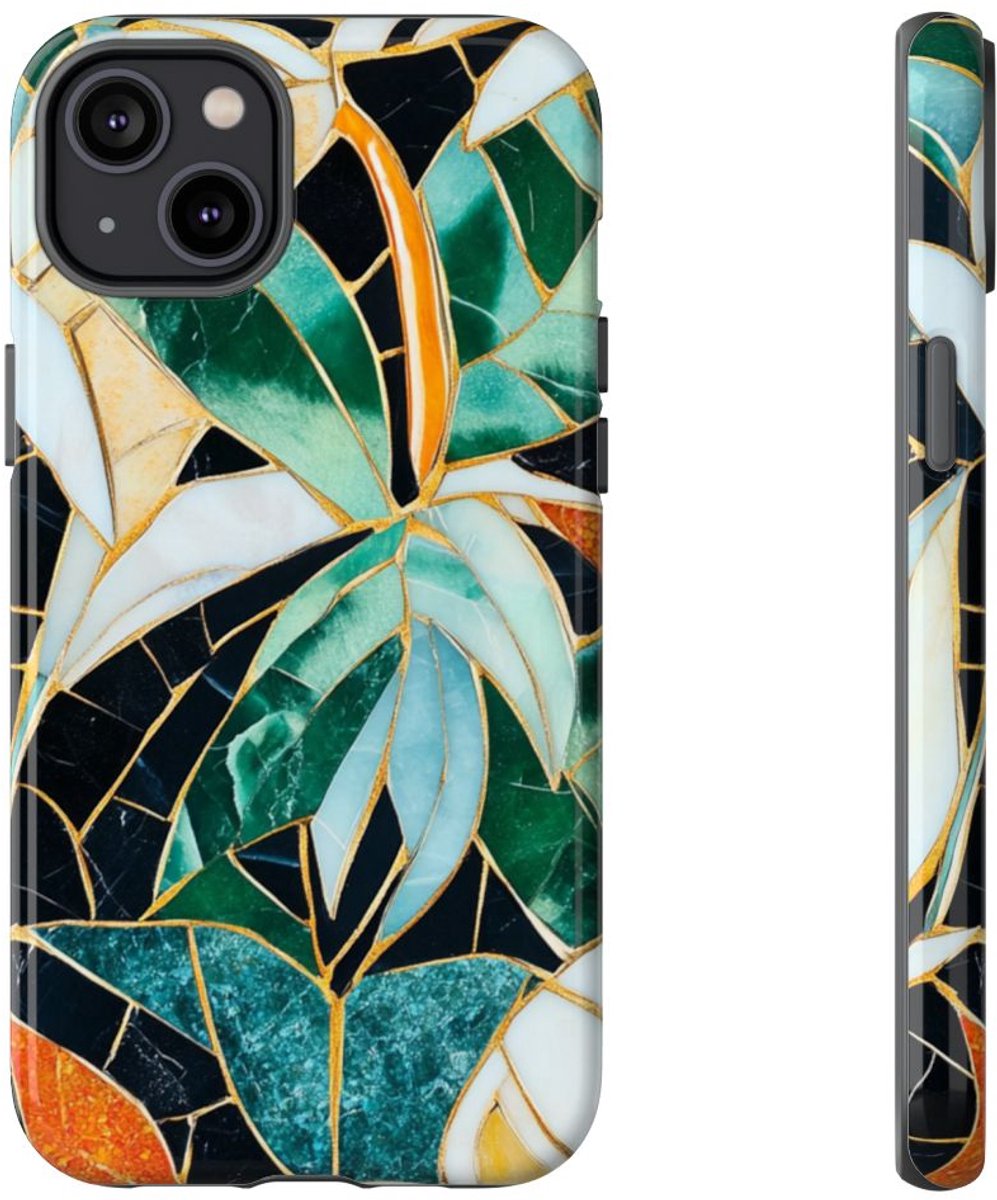 Tropisch Bladmozaïek met Gouden Accenten – Telefoonhoesje Geschikt voor iPhone 14 Plus