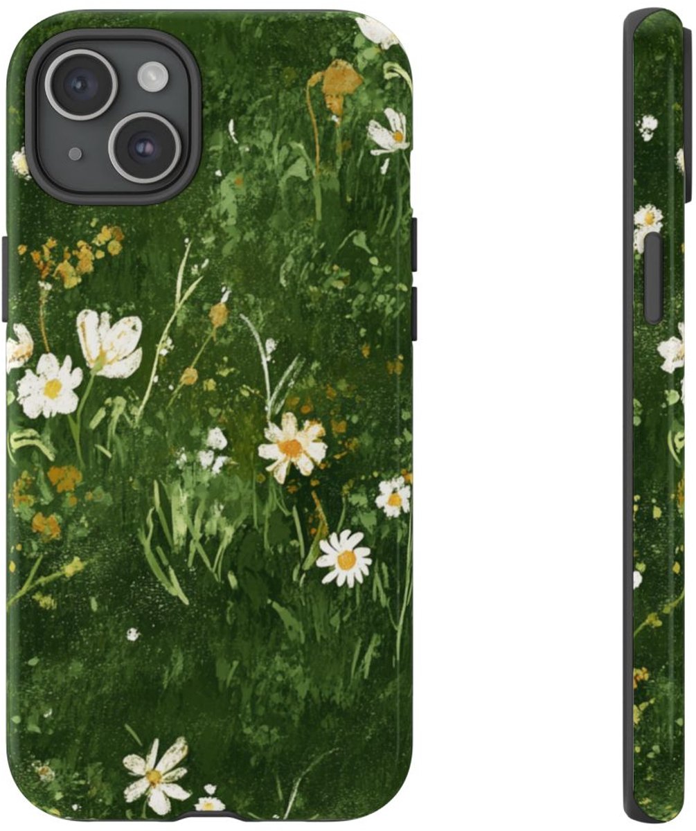 Groene Weide met Witte Bloemen – Telefoonhoesje Geschikt voor iPhone 15 Plus