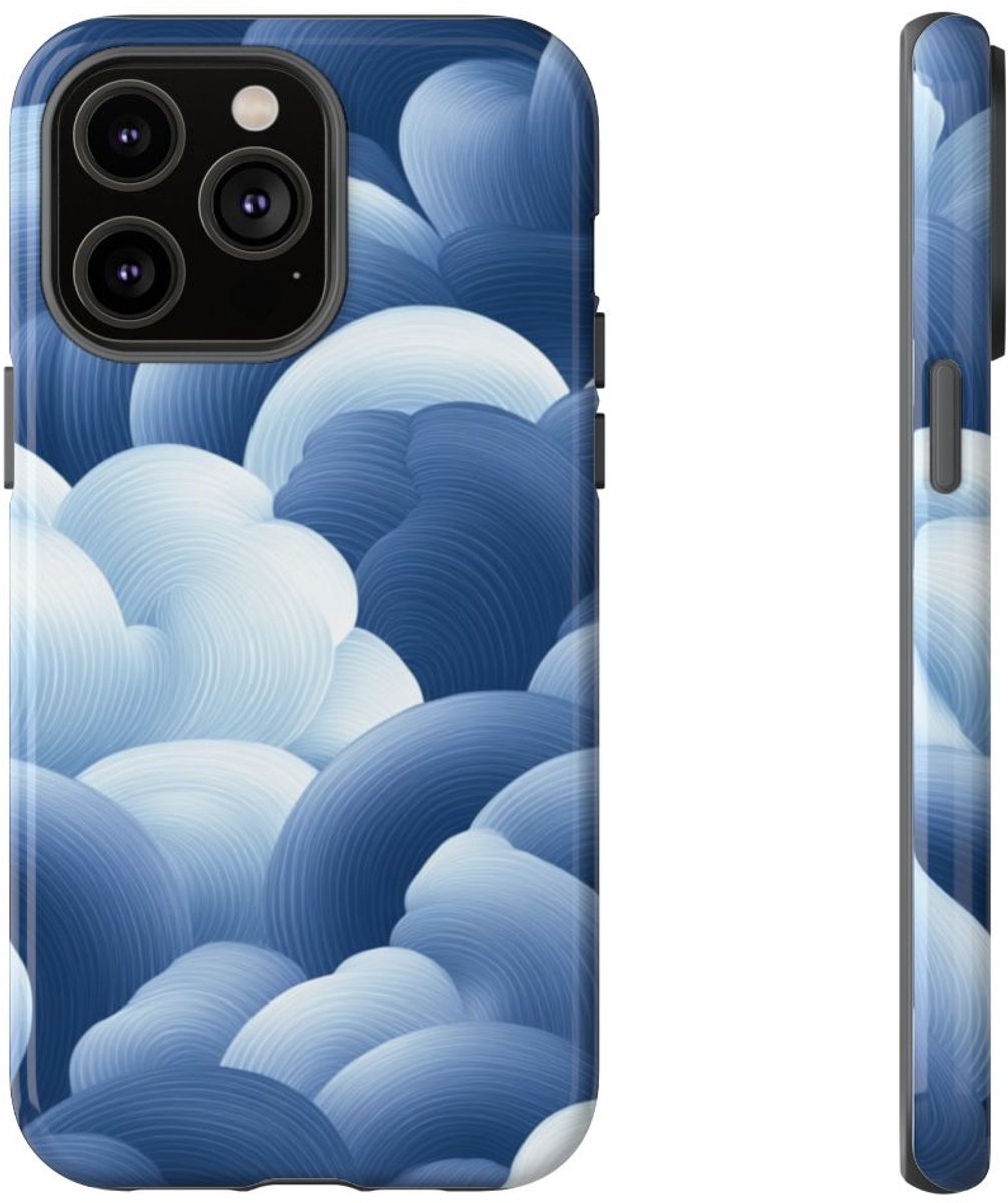 Blauw-Wit Wolkenpatroon – Glanzend Stevig Telefoonhoesje Geschikt voor iPhone 14 Pro Max