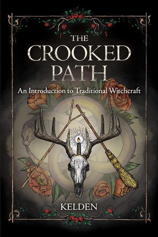 Boekomslag 'The Crooked Path' met hertenschedel, bezem, takken en bloemen.